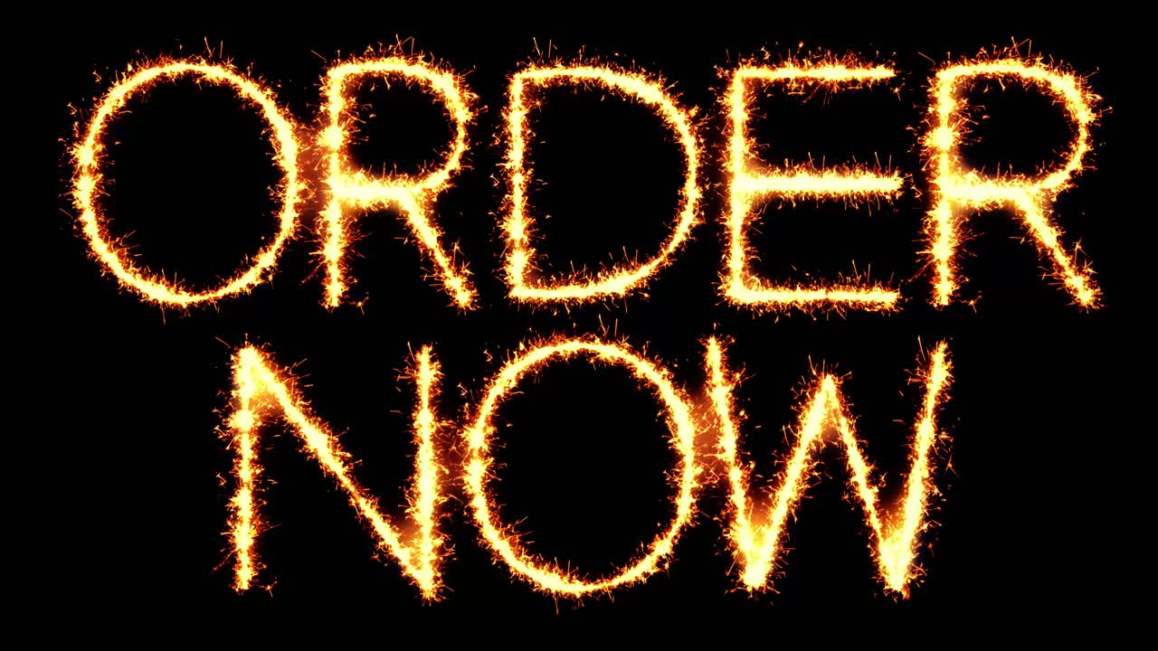 Order now text sparkler writing with glitter sparks particles firework on black 4k loop background