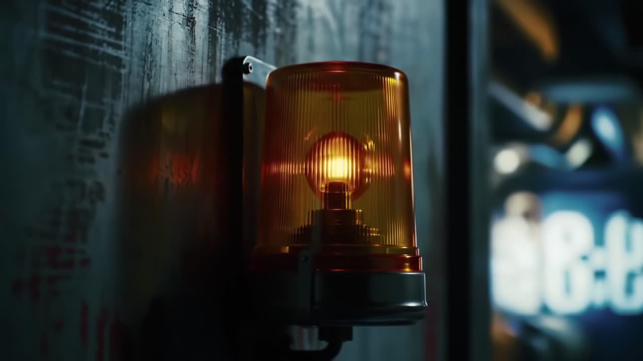 Close-Up of an Illuminated Amber Emergency Light Against a Textured Wall, Capturing the Glow and Industrial Atmosphere of Safety Alerts in Action