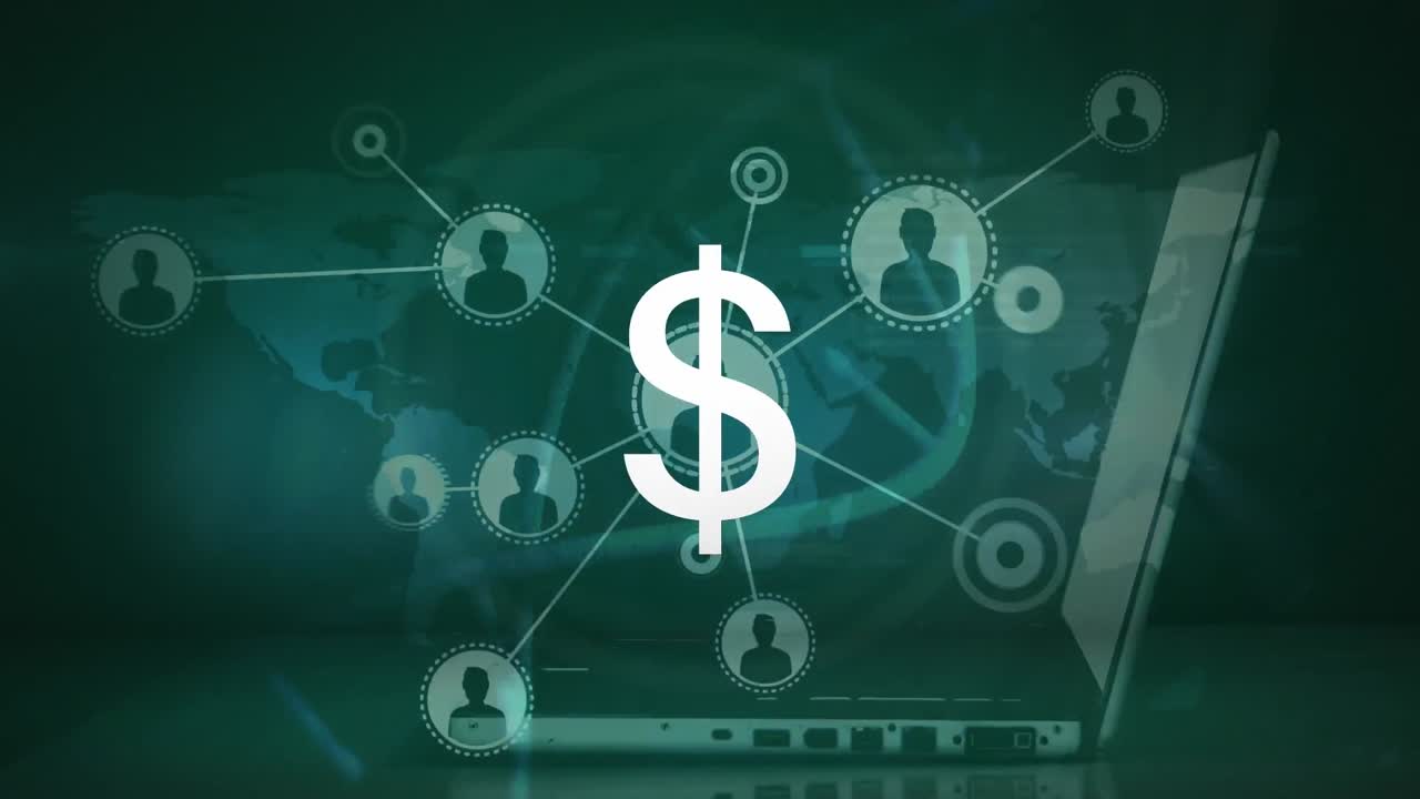 animación de la red de conexiones y el dólar sobre el mapa del mundo y la mano usando portátil