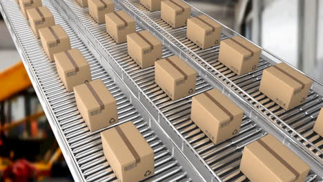 animation of cardboard boxes on conveyor belts in warehouse