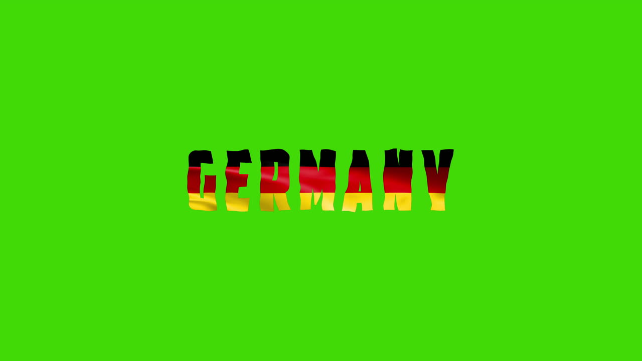 Animazione di testo ondulante del paese Germania con la sua bandiera sventolante che si fonde come texture - Video in loop con sfondo Green Screen Chroma key