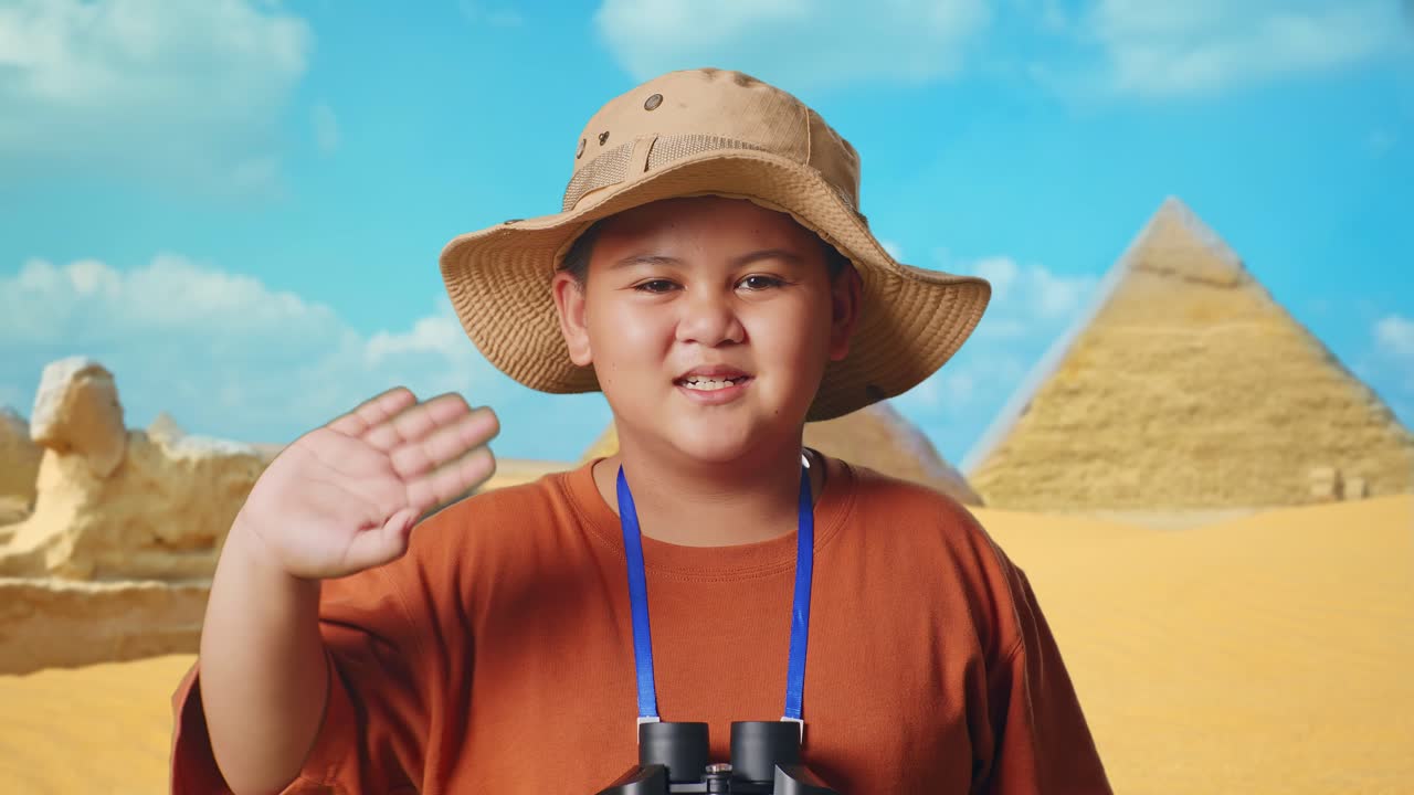 Asian Boy With Hat And Binoculars Using Magnifying Glass, Smiling And Waving Hand While Traveling In Giza Pyramid. Boy Researcher Examines Something, Travel Adventure, Close Up