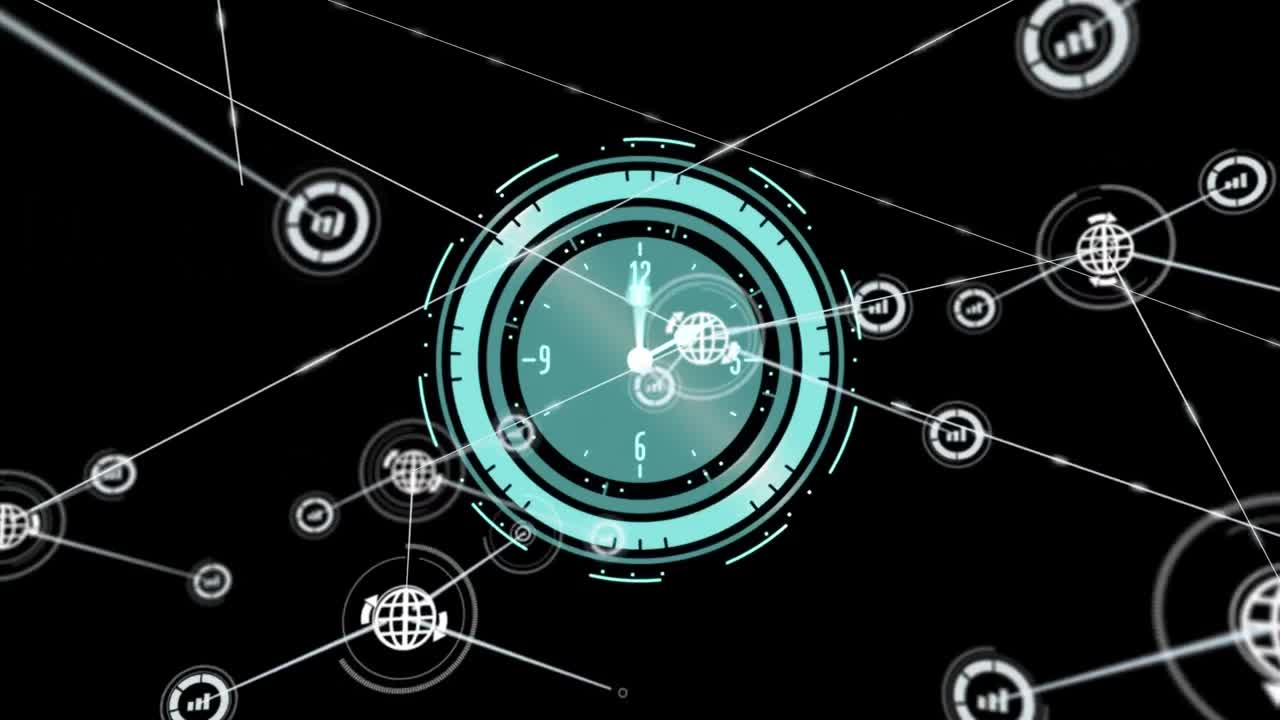 Animazione di rete di connessioni con icone su un orologio