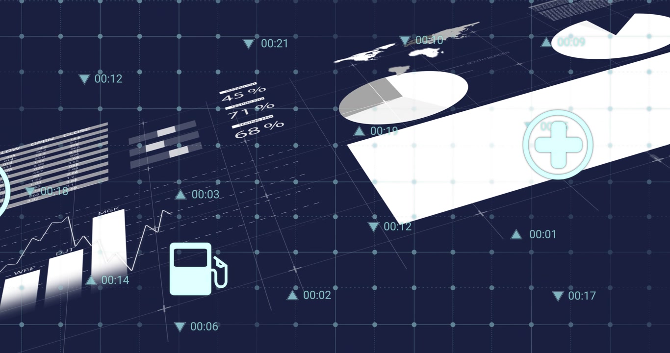 Animation of data analytics and icons overlaying digital interface with world map