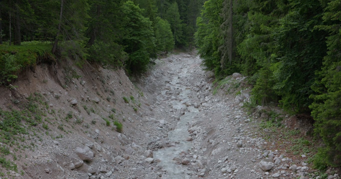 Il torrente Ansiei scorre attraverso il sentiero escursionistico che porta al Lago di Sorapis nelle Dolomiti del Veneto, Italia