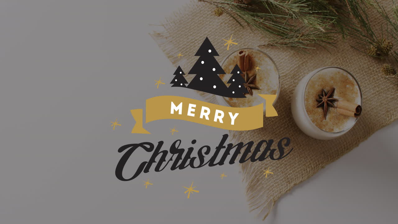 animación de saludos de navidad texto sobre bebidas y decoraciones de navidad.