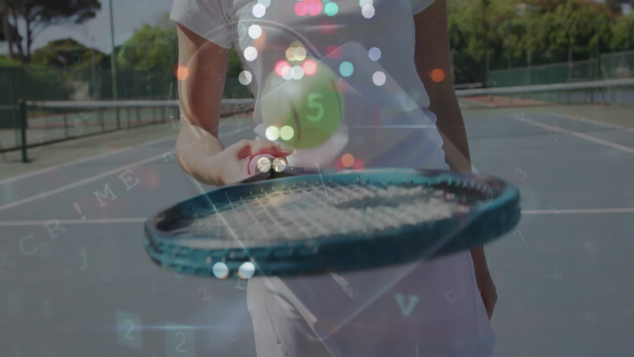 Woman holding tennis racket on hard court, displaying floating data graphics for sports technology