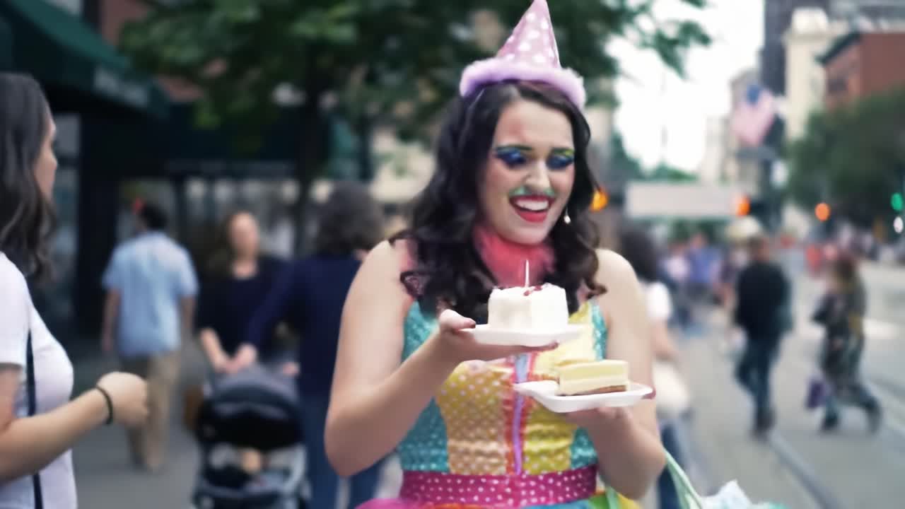 A Colorful Celebration: A Joyful Woman in a Vibrant Costume Shares Cake with Friends in a Bustling City Street, Capturing the Essence of Fun and Friendship