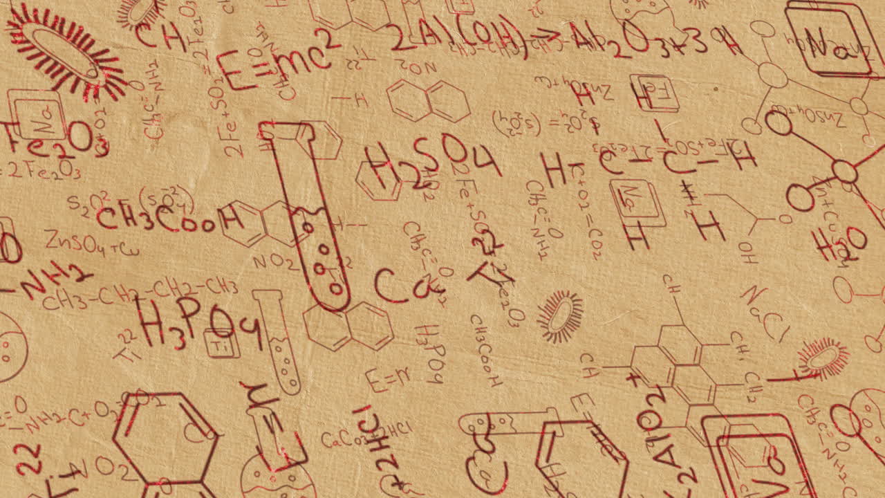 종이 위의 화학 화합물의 빨간색 구조 공식의 애니메이션