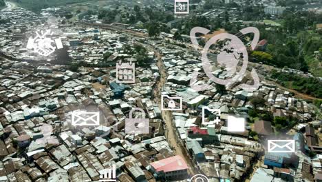 Birdseye-aerial-view-of-Kibera-slum,-tedchnology-concept-of-shanty-poor-neighborhood-of-Nairobi,-Kenya