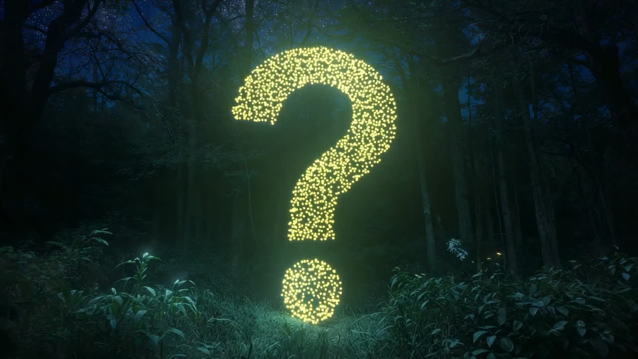 Drifting glowing particles forming question mark above forest clearing, pulsing to light ferns