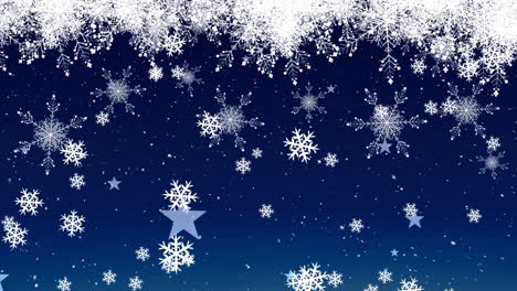 animation of snow falling over stars at christmas, on blue background