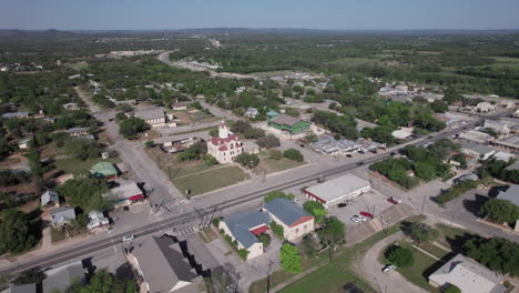 aerial view of bandera, texas main street and historic courthouse in the hill country