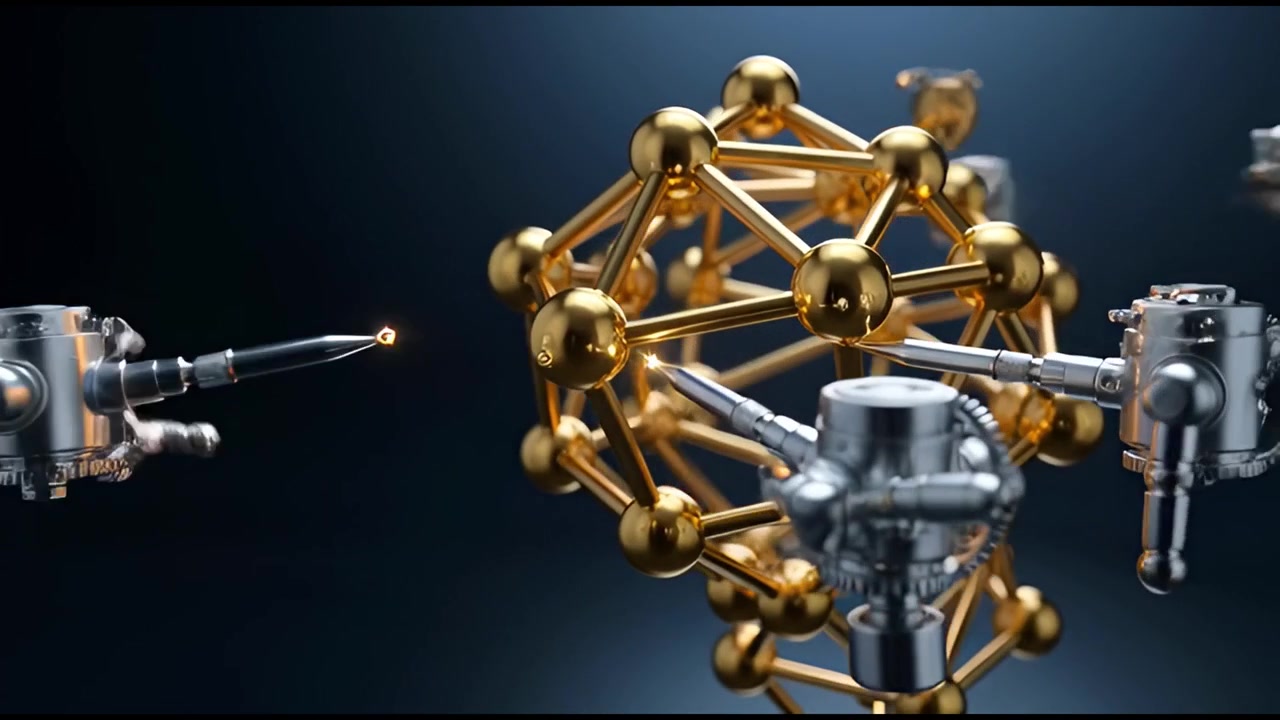 Bracci robotici che manipolano una struttura molecolare dorata