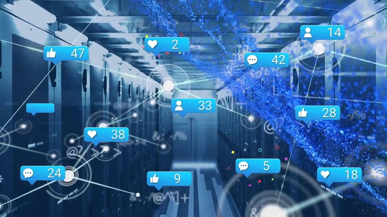 Animation of network of connections with social media reactions over servers