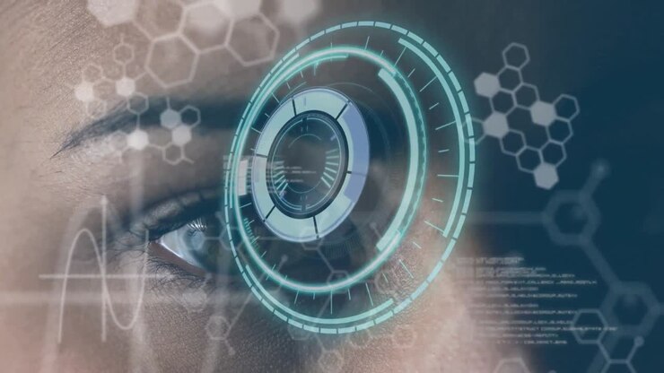 Animation of data processing and scope scanning over eyes of caucasian woman