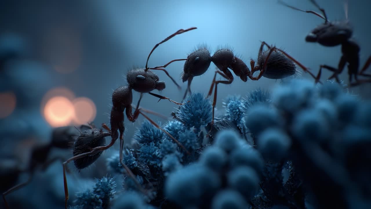 Exploring the Intricate World of Ants: Close-Up Encounters with Nature's Tiny Workers in a Mystical, Softly Lit Environment