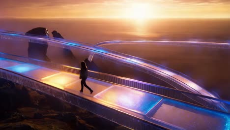 person walking on a futuristic, illuminated glass bridge at sunset