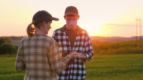 hombres y mujeres agricultoras trabajan en un campo al atardecer usan una tableta 1