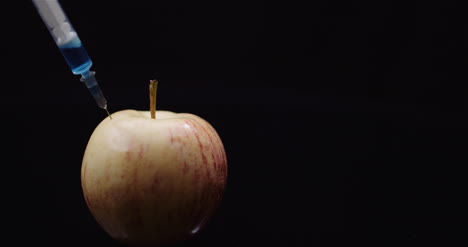 inyección de jeringa de modificación genética de alimentos liqquid en apple concepto de modificación de gmo 1