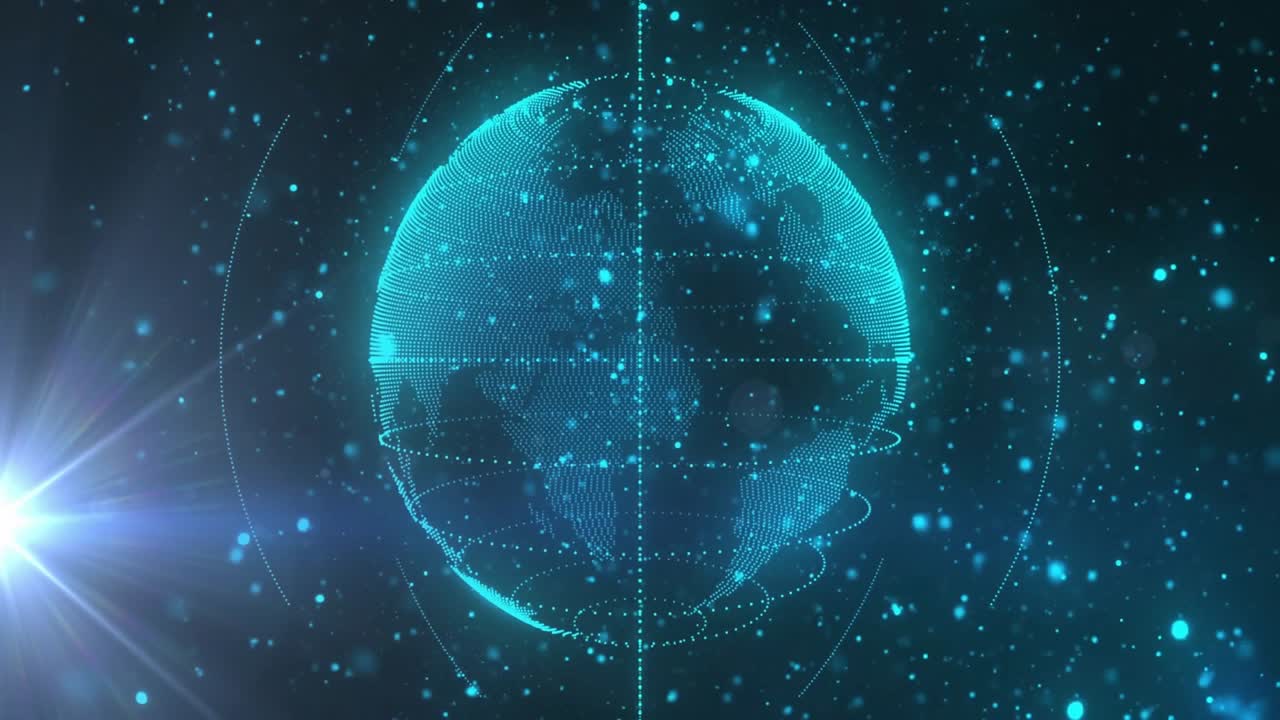 Faint teal grid forming sphere starting rotating globe drifting particles showing data network