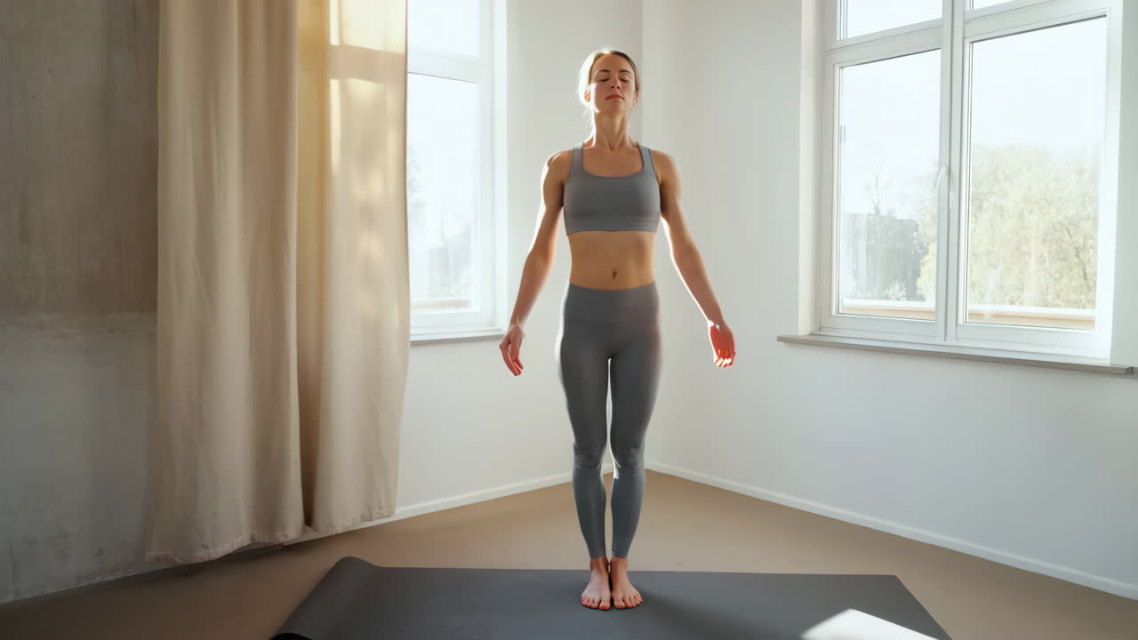 A woman stands in a meditative or preparatory yoga pose on a mat indoors