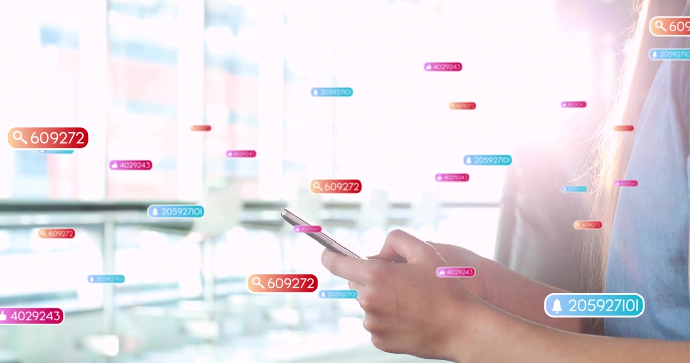 Woman tapping smartphone initiating animated badges over glass windows while checking travel alerts