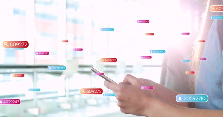 Woman tapping smartphone initiating animated badges over glass windows while checking travel alerts