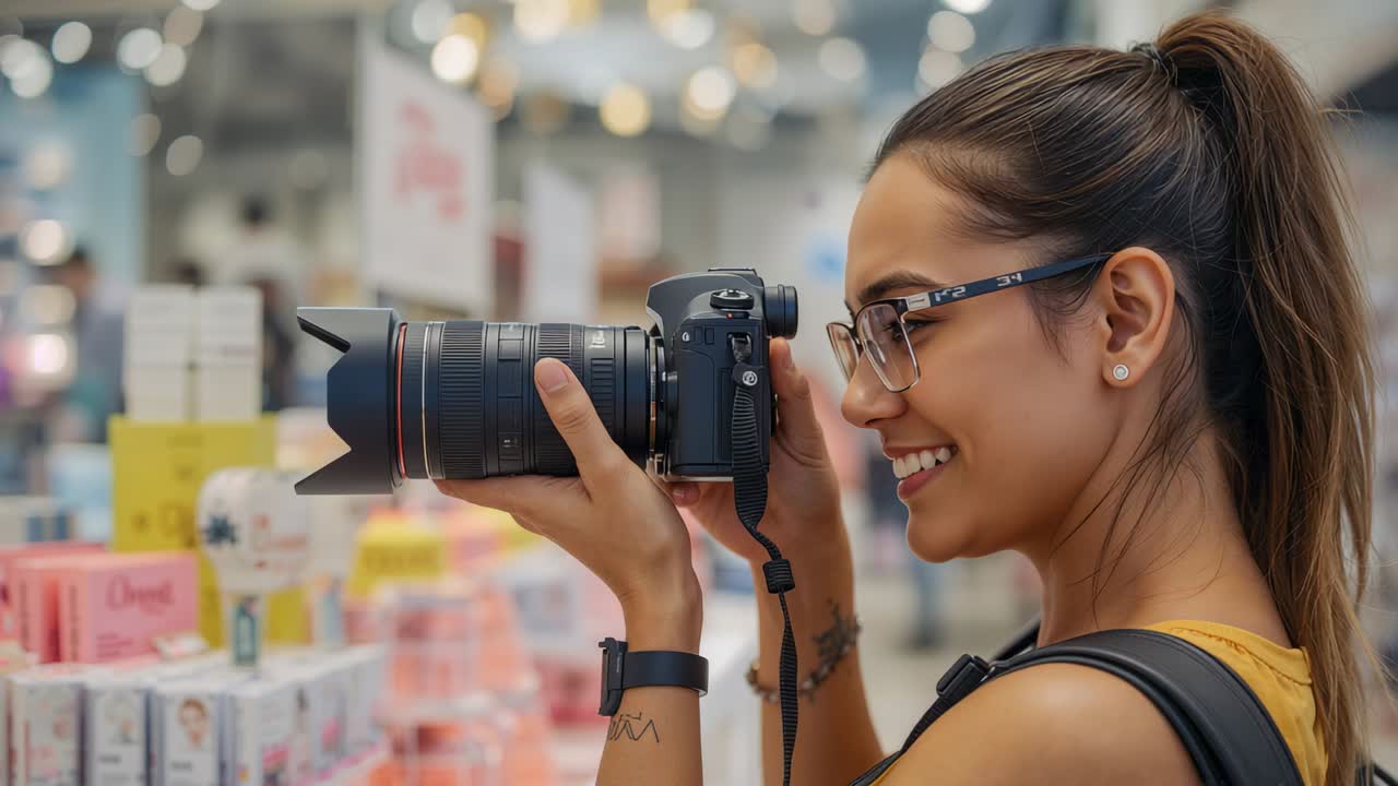Mujer con camiseta amarilla levantando su cámara DSLR a la altura del ojo, componiendo tomas de productos en el pasillo de un centro comercial, con espacio para texto.