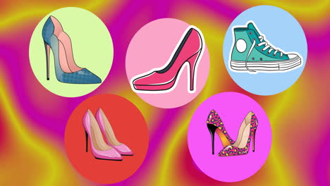 Animation-Von-High-Heels-Und-Sneakers-Auf-Buntem-Hintergrund