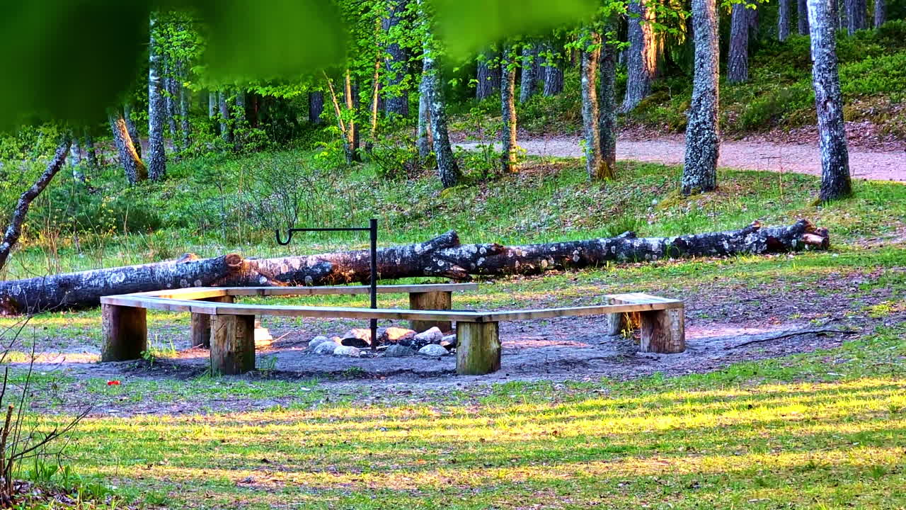 Wooden benches circle firepit in forest clearing in Sietiņiezis, Latvia