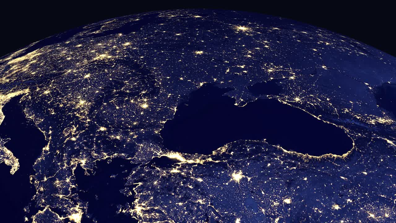 Digital animation zooms from deep space into glowing city lights of Bucharest Romania at night