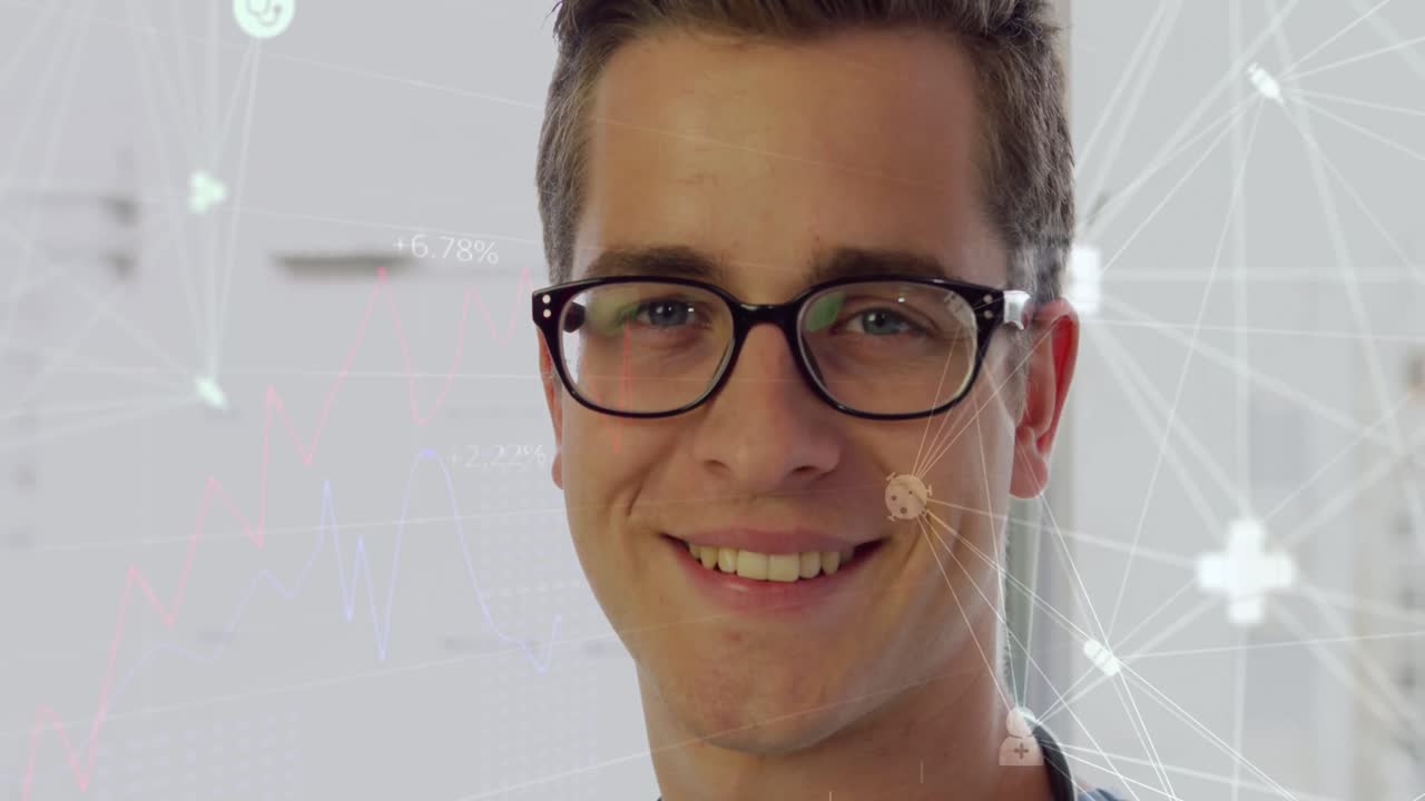 animación de la red de conexiones con iconos sobre empresario caucásico