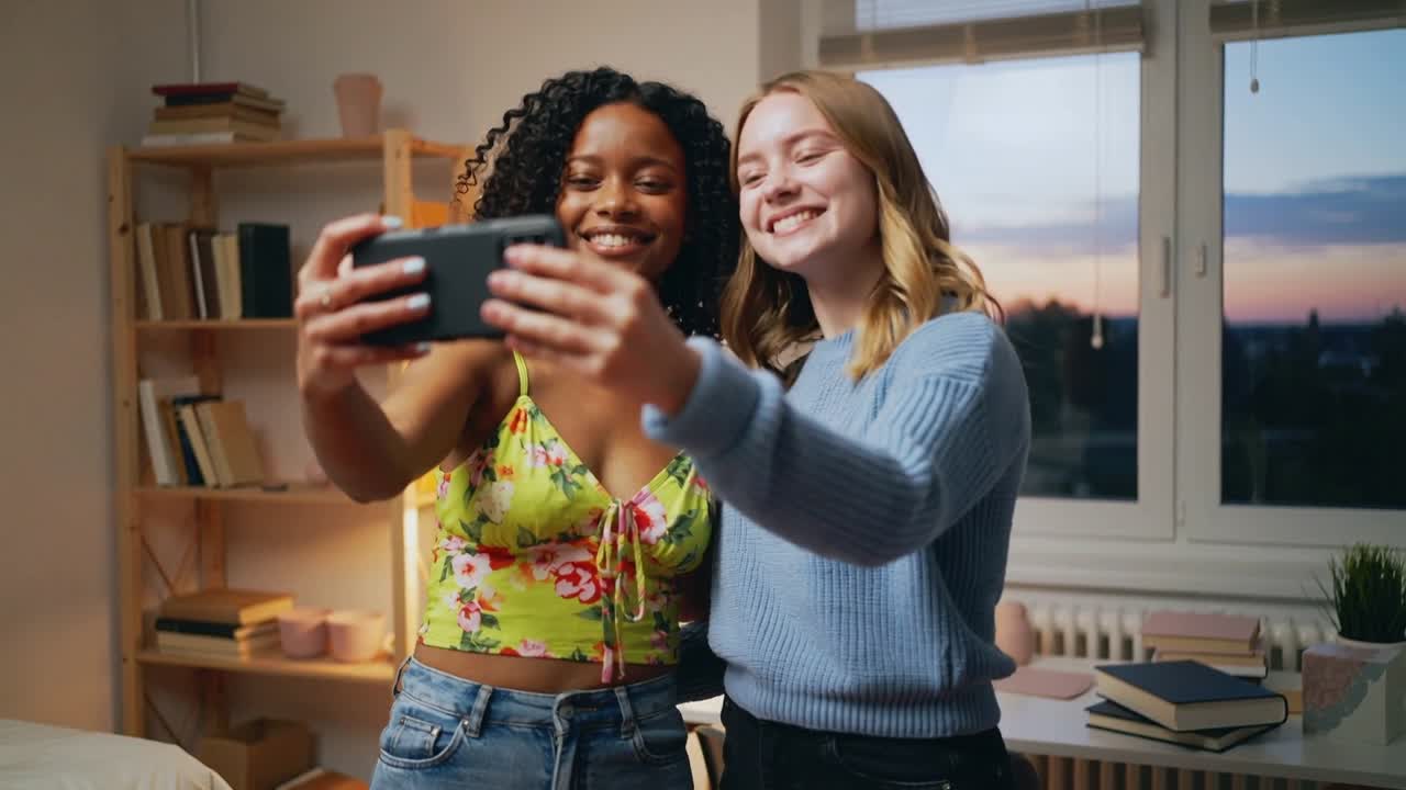 Raising smartphone, two teens in dorm wearing floral crop top and light blue sweater, taking selfie