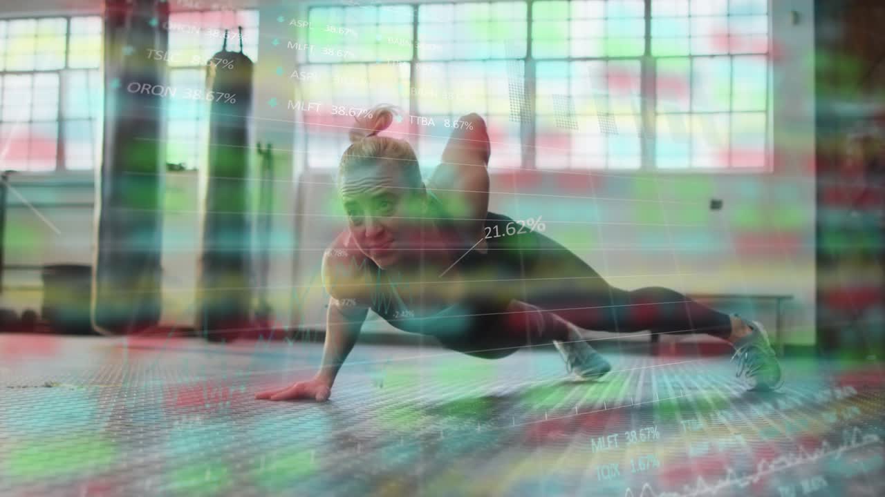 Woman performing plank rotations and pushups in gym on-screen charts appearing tracking performance
