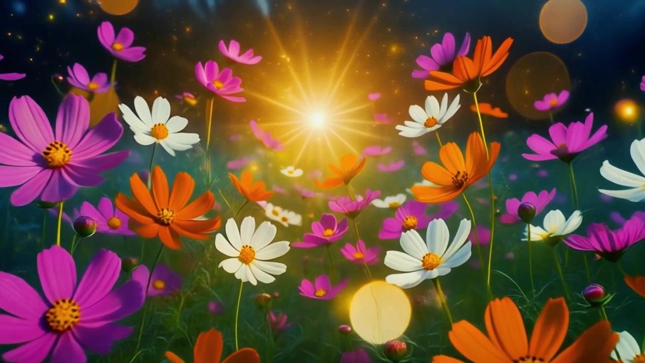 Vibrant Cosmos Flowers Blooming in a Magical Garden at Sunset