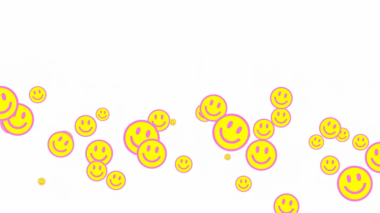 Emoji sorridenti che fluttuano su sfondo bianco, facce giallo neon con contorni rosa si muovono in un'onda ritmica