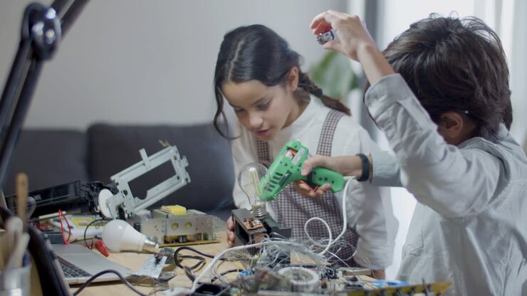 To kloge børn, der laver skoleprojekt derhjemme.