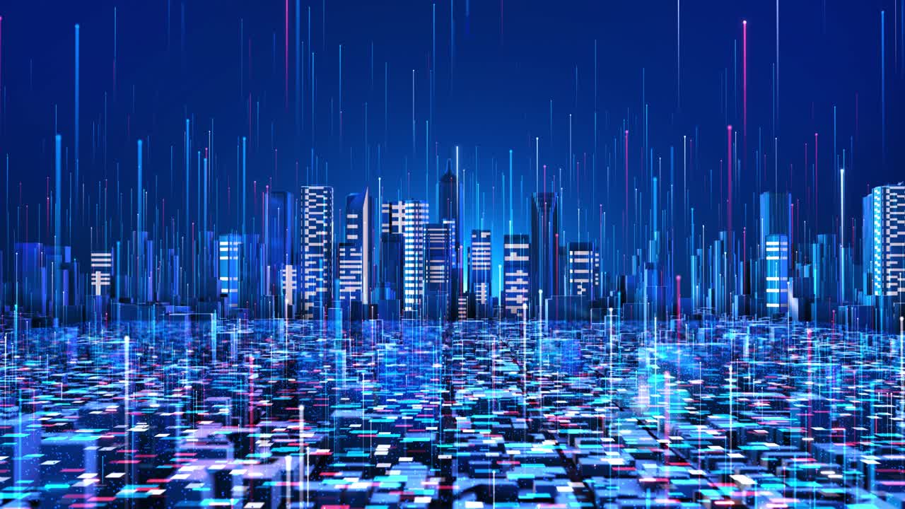 Digital, matriz de dados, cidade inteligente, tecnologia, tecnologia de ponta, futurista, animação de voo aéreo sobre a cidade, cidade