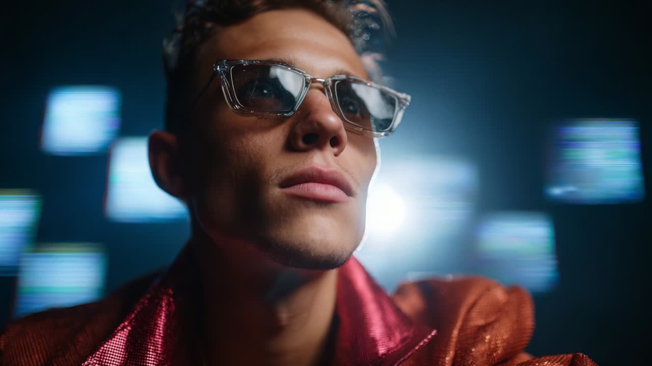 Primo piano di un giovane uomo elegante con occhiali alla moda e giacca lucida, su uno sfondo futuristico con schermi sfocati, che cattura un momento di introspezione e sicurezza