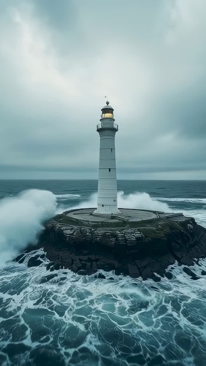 Vertical video: Crashing swells hitting rocky islet, soaking lighthouse lantern with spray in storm