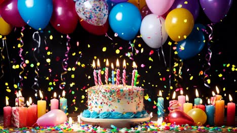 a birthday cake with candles and balloons in the background