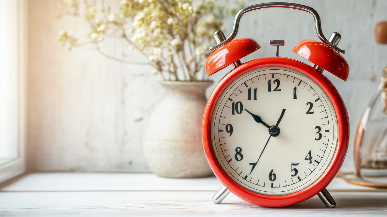 Close-up, side angle of a vintage red alarm clock on a wooden table, with soft focus on a vase