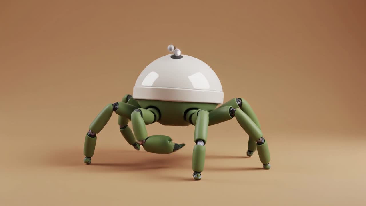 Futuristisk 3D-animeret edderkopperobot med blinkende antenner