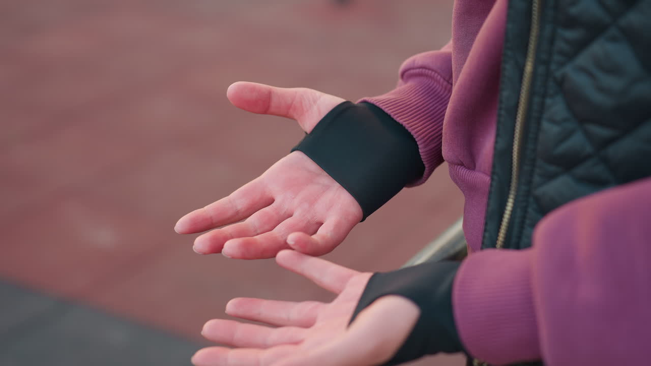 Hand view of workout junkie rubbing palms together after intense exercise, preparing for next set, athlete wearing workout gear, ready for the next training move, fitness, exercise motivation