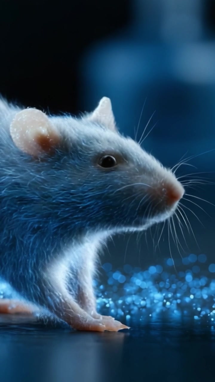 Un Topo Blu Luminoso: Catturare i Dettagli Intriganti del Pelo e dell'Ambiente di un Topo con un Magico Bagliore Blu in uno Scatto Ravvicinato Dinamico