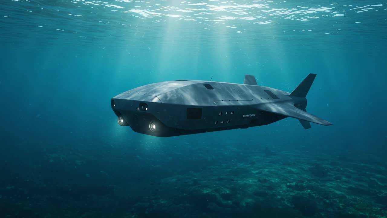 A sleek, futuristic underwater exploration vehicle glides gracefully through the clear blue depths, showcasing advanced technology designed for marine discovery and research