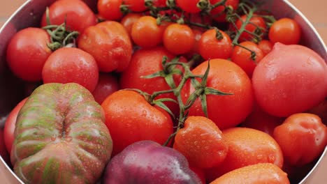 colorful organic tomatoes. mix tomatoes background, several varieties of sliced tomatoes top view. different assorted colorful tomatoes, heirloom, cherry, rose, beefsteak, cocktail, grape, purple.