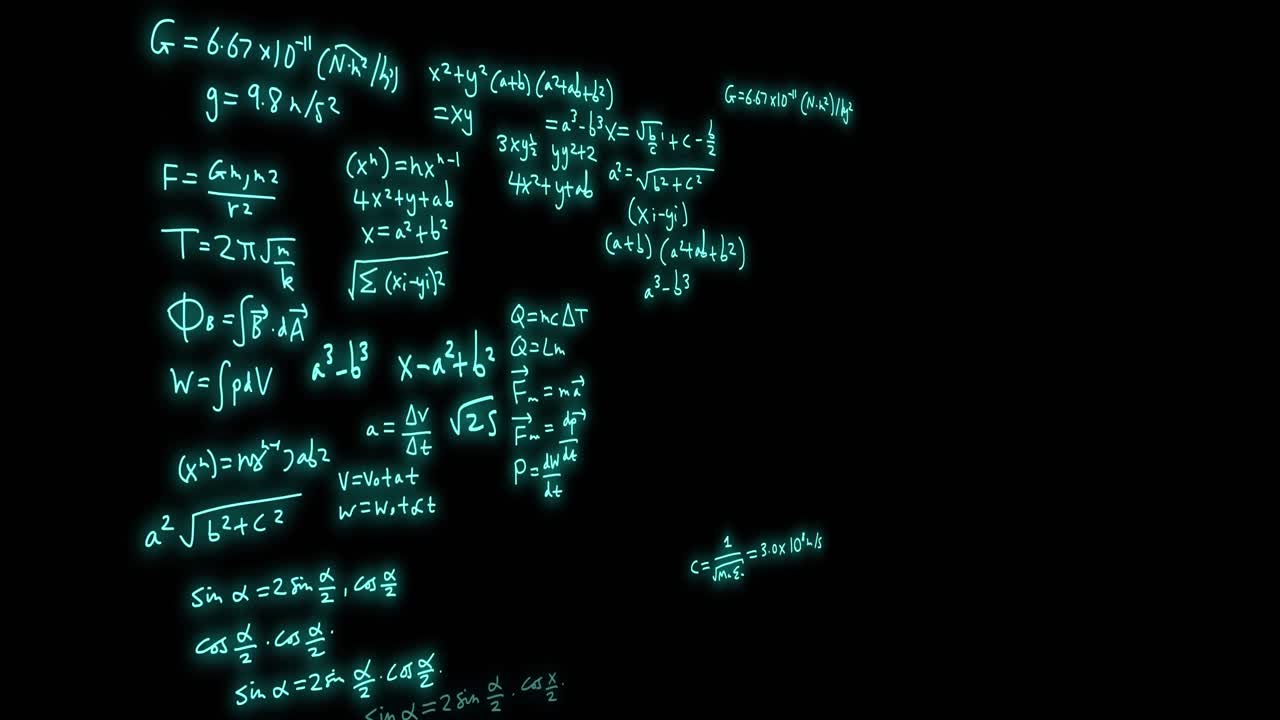 animación de fórmulas matemáticas y procesamiento de datos científicos sobre un fondo negro