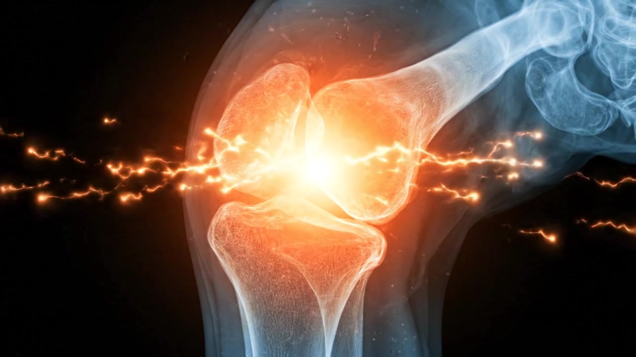 Human knee anatomy visualization with an illuminated orange joint area